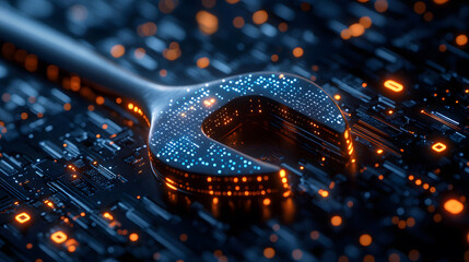 blue digital wrench spanner with glowing binary code, AI in maintenance management systems, predictive maintenance algorithms, equipment diagnostics, and remote repair assistance
