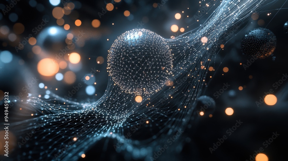 Poster abstract 3d render of a black sphere trapped in a blue and orange net with bokeh lights