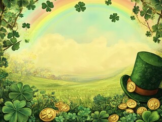 St. Patrick's Day Background with Shamrocks, Gold Coins, Rainbow and Leprechaun Hat.
