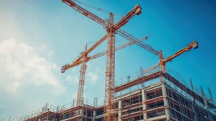 Construction site with cranes and scaffolding under blue sky 