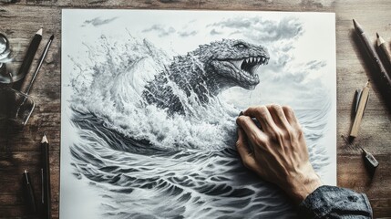 Sea Monster Drawing in Progress with Hand and Graphite Pencils on Wooden Table.