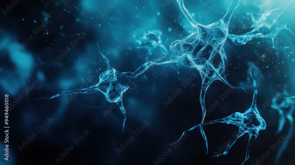 Aufkleber abstract blue neuron cell network, 3d digital rendering of neural connections, brain cell, synapse.