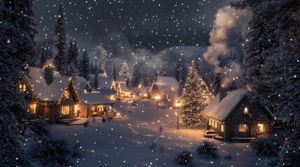 Naklejka premium Snowy Christmas Village with String Lights and Falling Snow