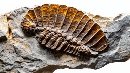 Close-up view of ancient Harpetida fossil embedded in textured stone, highlighting intricate fossilization patterns from the Cambrian period, fossil isolated on white background.