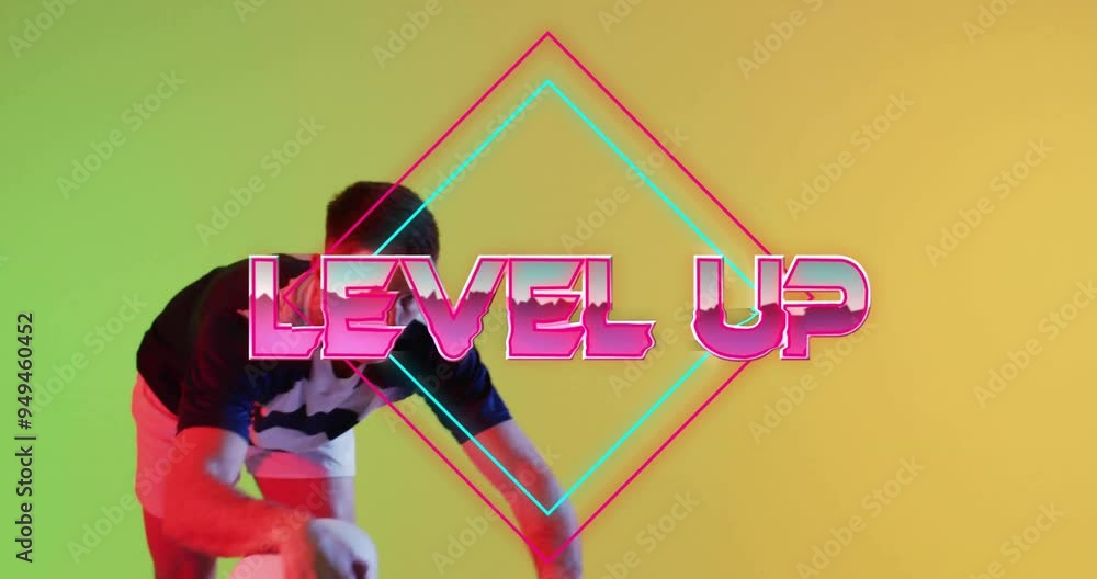 Poster level up text animation over person dancing on colorful background