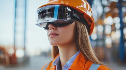 Female engineer using augmented reality glasses to inspect infrastructure,