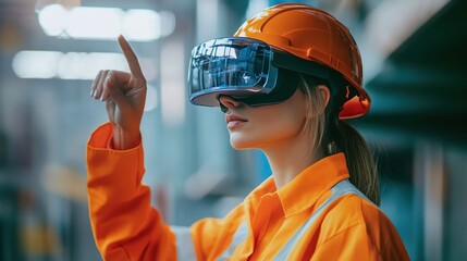 Female engineer using augmented reality glasses to inspect infrastructure,
