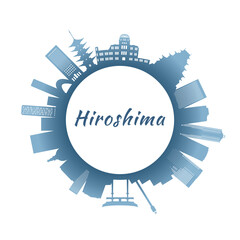 Hiroshima skyline with colorful buildings. Circular style. Stock vector illustration.