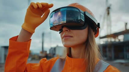 Female engineer using augmented reality glasses to inspect infrastructure,