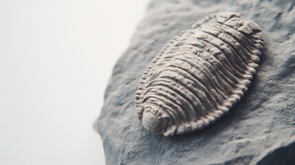 Close-up view of ancient Trilobite fossil embedded in stone, showcasing detailed fossilization patterns from the Cambrian period, isolated fossil on white background with textured rock surface.