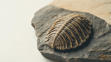 Close-up view of ancient Trilobite fossil embedded in stone, showcasing detailed fossilization patterns from the Cambrian period, isolated fossil on white background with textured rock surface.