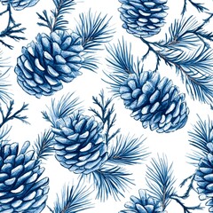 A seamless pattern featuring blue pine cones and branches on a white background, ideal for winter-themed designs, backgrounds, wrapping paper, and holiday cards,