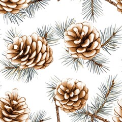 Illustrated pattern featuring pinecones and evergreen branches against a white background, ideal for holiday-themed designs, wrapping paper, greeting cards, or winter decor projects,
