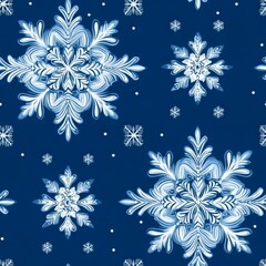 Seamless pattern of intricate white snowflakes on a blue background, ideal for winter-themed designs, holiday cards, wrapping paper, and festive decorations,