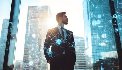 Businessman Standing in Front of Window with Network and Dollar Symbols