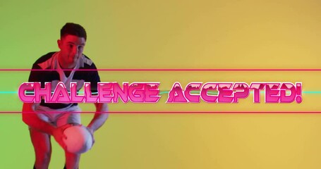 Playing soccer, athlete with ball over Challenge Accepted! text animation on yellow background - Powered by Adobe