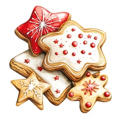 Obraz premium A pile of star-shaped Christmas cookies decorated with intricate red and white icing, perfect for holiday-themed designs, baking advertisements, or festive greeting cards,