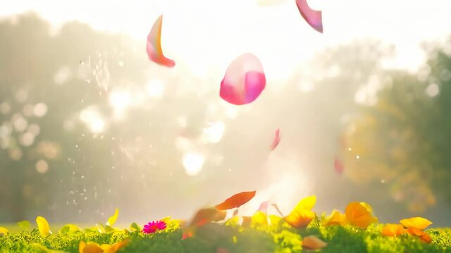 Beautiful spring morning with vibrant flowers dancing in the breeze under the warm sun
