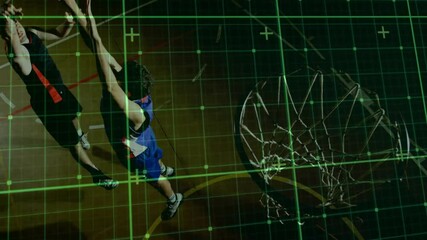 Basketball players in action with data analysis animation over court - Powered by Adobe