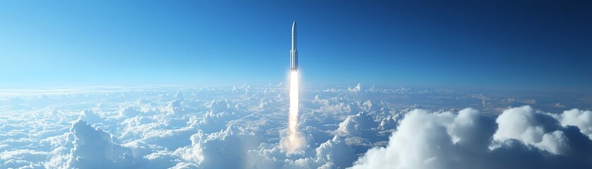 A rocket piercing through a sea of clouds, wideangle, clear blue sky, highaltitude perspective, serene and powerful