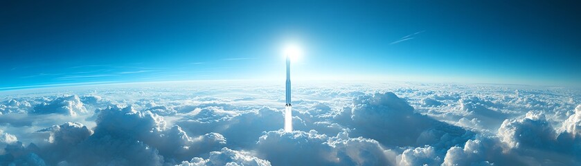 A rocket piercing through a sea of clouds, wideangle, clear blue sky, highaltitude perspective, serene and powerful