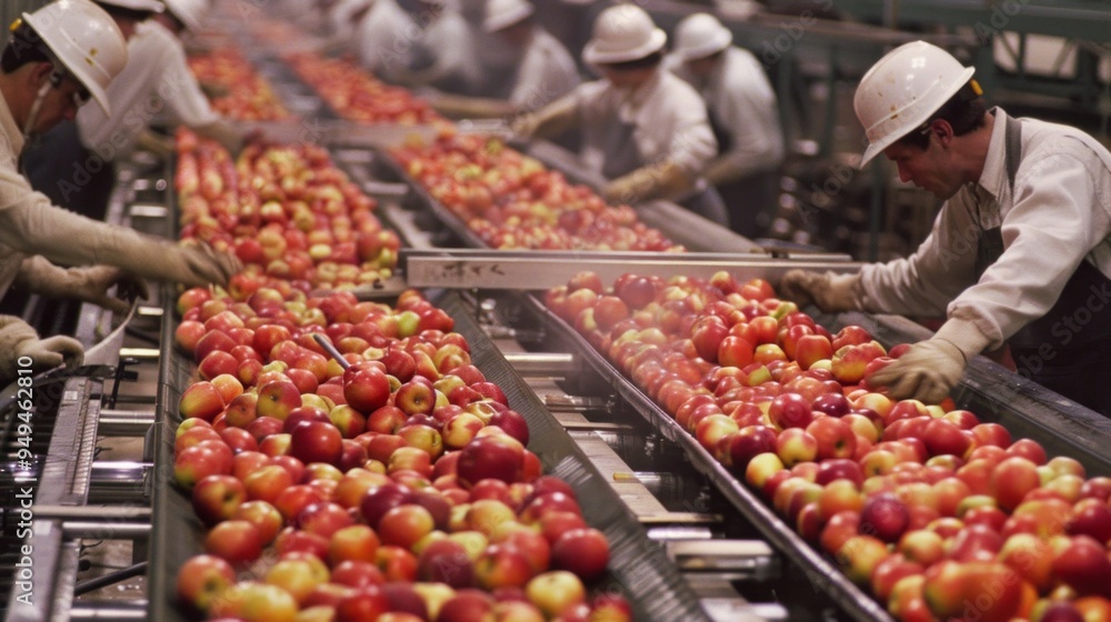 Poster a group of workers are sorting apples in a factory
