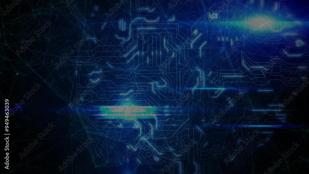 Poster circuit board and data flow animation over blue digital background