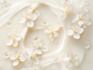 Fototapeta premium Delicate white flowers floating in milk, topdown view, soft natural light, minimalist composition