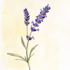 Naklejka premium watercolor painting of a dark purple lavender sprig against a light yellow background, on isolated white background