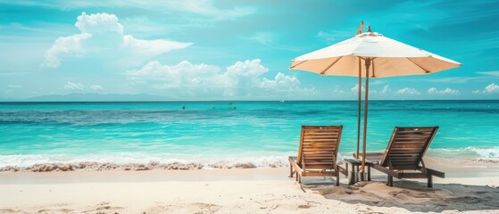 Obraz premium Beach chairs with umbrellas and beautiful tropical beach sand. AI generated images