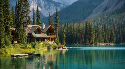 Obraz premium Cabin by the Lake in the Mountains