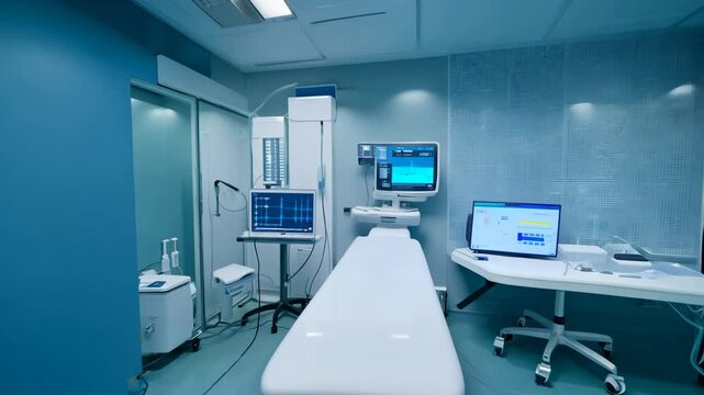 Modern medical examination room with advanced diagnostic equipment and clean design at a healthcare facility