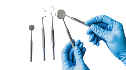 Hand in blue glove holding dental tools isolated on white background