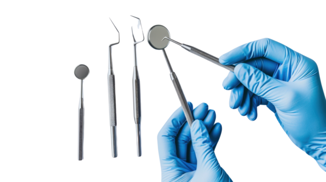 Hand in blue glove holding dental tools isolated on white background - Powered by Adobe