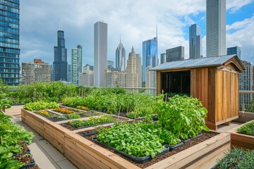 Fototapeta premium Urban rooftop garden with neatly arranged plant beds and a small shed. Skyscrapers and cityscape in the background, Generative AI