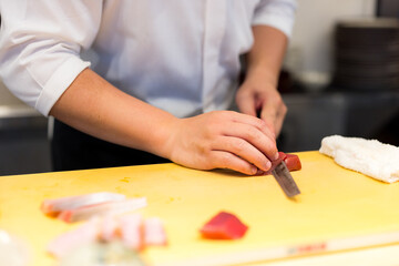 Japanese chef prepare for sashimi in restaurant