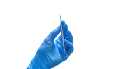 Hand in blue glove holding dental tools isolated on white background