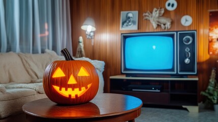 A pumpkin with a smiley face on it sits on a table in front of a television