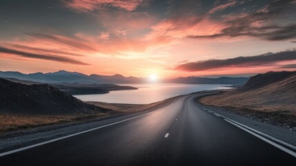 Lake and road at sunset