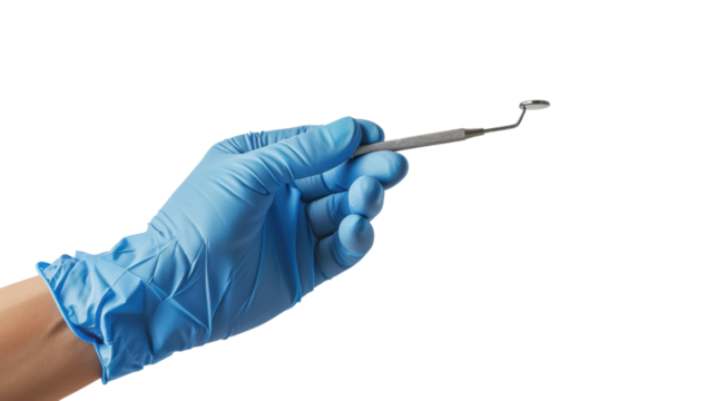 Hand in blue glove holding dental tools isolated on white background