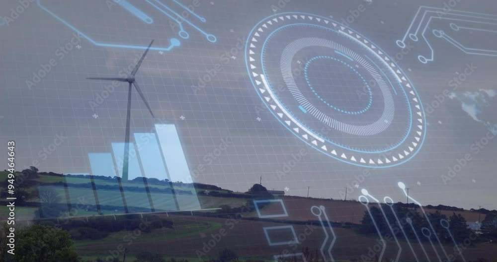 Poster wind turbine and landscape with futuristic data processing animation