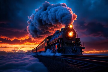 Steam train with billowing smoke against a twilight sky, depicted in an artwork where the deep colors of twilight provide a dramatic backdrop for the trainâ€™s journey