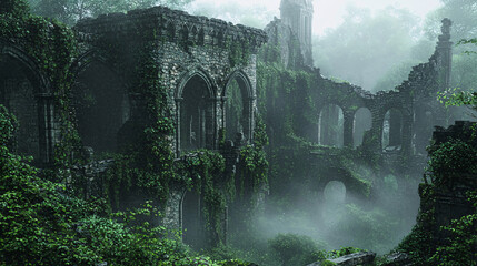 Naklejka premium Enchanting, ancient castle ruins, misty morning, high quality, photorealistic, historical grandeur, overgrown with ivy, breathtaking::1.1 misty atmosphere, stone archways, panoramic views, mystical 