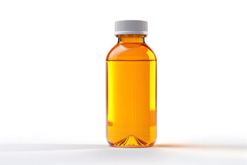 A clear amber bottle filled with golden fish oil isolated on white