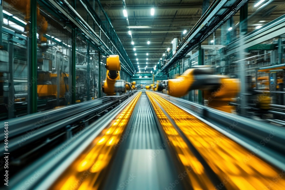 Poster a view down a conveyor belt with industrial robots moving in a factory