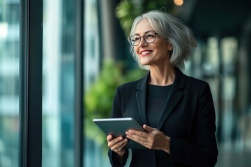 Fototapeta premium Smiling mature professional business woman bank manager, older happy female executive or lady entrepreneur holding digital tablet pad standing in office at work, looking away at copy space , ai