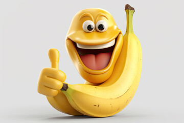 Smiling Banana 3D Character Giving Thumbs Up Gesture Playful and Friendly Design for Fruit-Themed Promotions