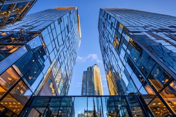 Fototapeta premium From below of entrance of office building next to contemporary high rise structures with glass mirrored walls and illuminated lights in calgary city against cloudless blue sky, ai