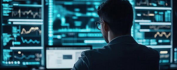 A data analyst reviews financial graphs and statistics on multiple screens in a modern office environment.