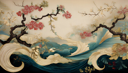 Embellishing and embossing Chinese, chinoiserie fine art ink red, blue, abstract background wallpaper artwork